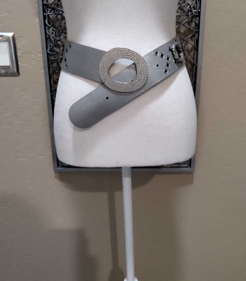 Chico's Wide Silver Belt with Circle Details and Metal Oval Hook Buckle